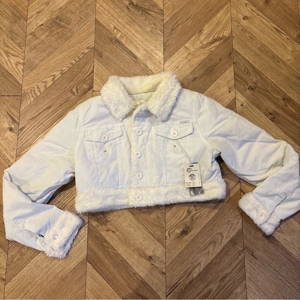 White Faux Fur Trim Denim Quilted Cropped Jacket